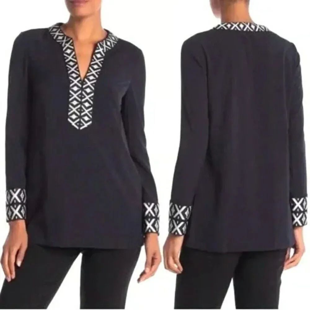 Tory Burch Womens Tunic Top sz 4 navy blue Embroidered Popover Blouse Boho NWT